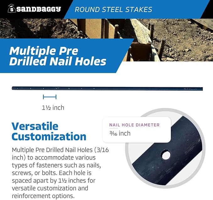 Sandbaggy Round Steel Concrete Form Stakes with Nail Holes - Rust Resistant Coating - Removable, Reusable (5, 3/4 in X 48 in)