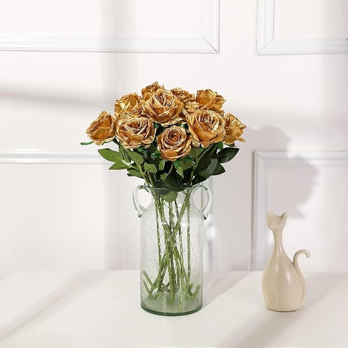 Gold Fake Roses Artificial Flowers - 10 Pcs Fake Artificial Roses Silk Flowers with Stems for Home Wedding Hotel Office Centerpiece Decor