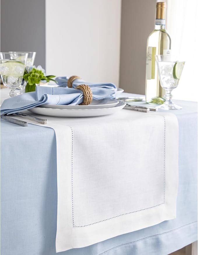 Solino Home Linen White Table Runner 36 Inches - Classic Hemstitch, 100% Pure Linen Coffee Table Runner 14 x 36 Inch Ideal for Dresser Tables - Fall, Autumn, Halloween, Thanksgiving