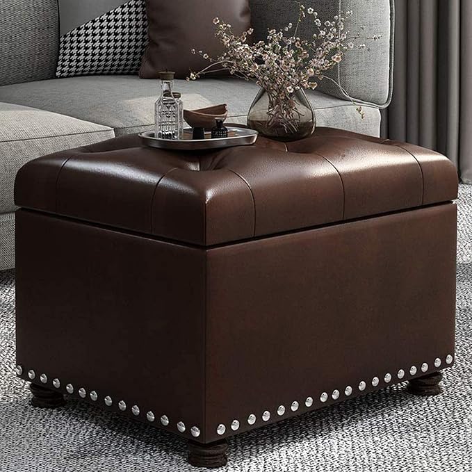 24'' Leather Storage Ottoman Rectangular Foot Rest Stool with Nailhead Trim for Bedroom Living Room(Dark Brown)