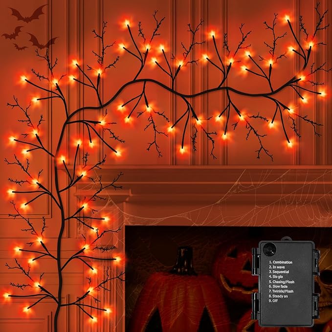 7 Ft Halloween Decorations Willow Vine Twig Garland with 8 Modes Timer 63 LED Orange Lights, Halloween Garland with Waterproof Battery Operated for Wall Fireplace Decorations Indoor Outdoor