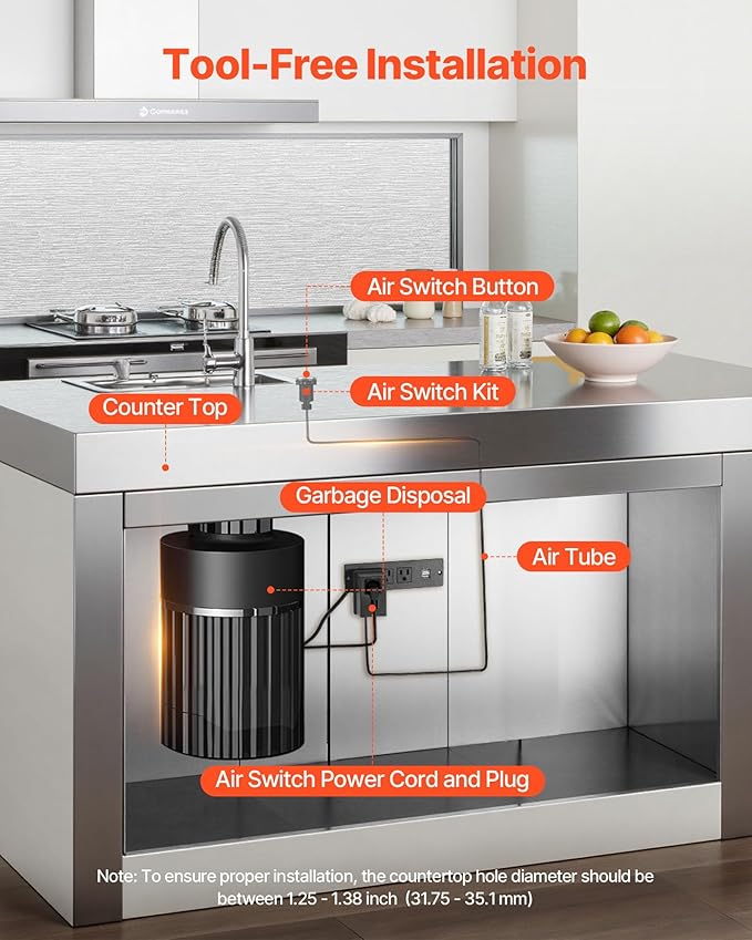 VEVOR Garbage Disposal Air Switch Kit, 2.5" Sink Top Air Switch for Food Waste Disposal, Brushed Silver Stainless Steel ON/OFF Air Button for Waste Disposer - Suitable for Stainless Steel Countertops