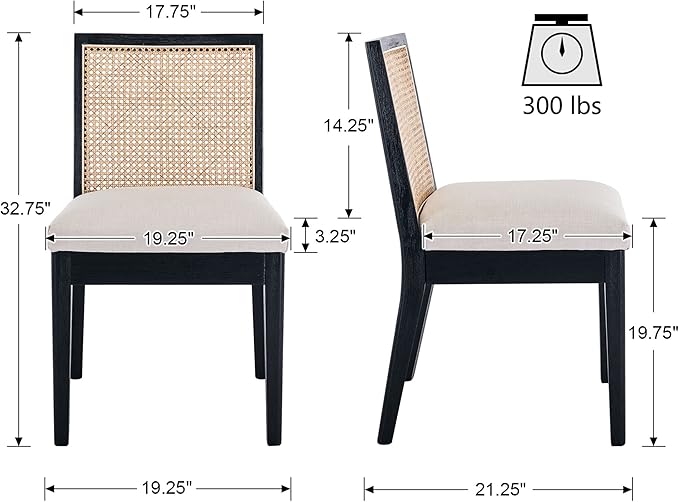 VESCASA Upholstered Dining Chairs with Square Rattan Back, Armless Padded Linen Cushion Dining Chairs with Wood Legs for Dining Room, Kitchen, Set of 2, Black Frame
