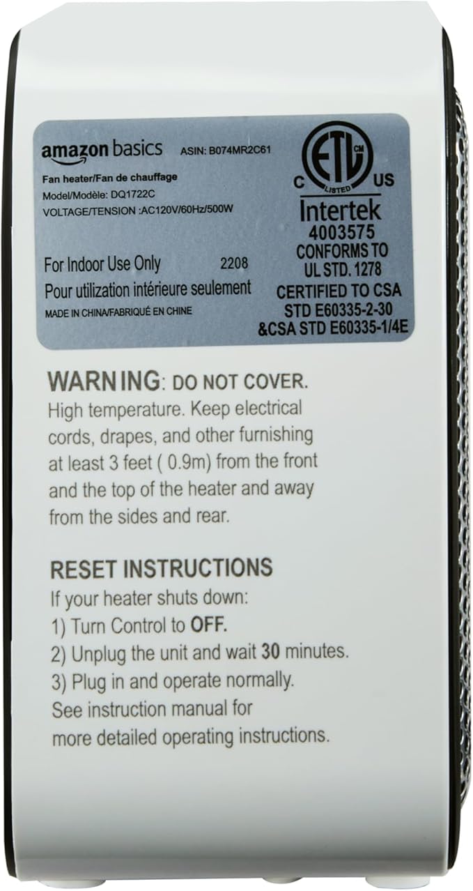 Amazon Basics Ceramic Space Heater, Mini Heater for Office Desk, 500 W, Portable Tent Heater for Camping (Indoor Use), With Tip-Over Protection, Lightweight (1.4 LBS), White, 5.9 x 3.2 x 6 inches