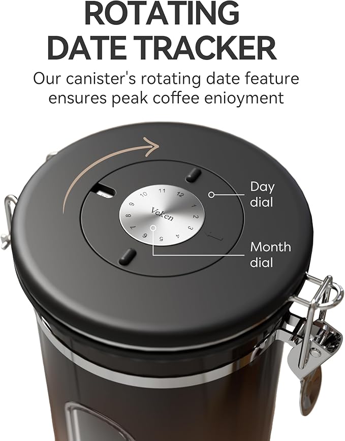 Veken Coffee Canister with Window,Airtight Stainless Steel Kitchen Food Storage Container, Date Tracker & Scoop for Grounds Coffee, Beans, Tea,Flour,Cereal,Sugar,22OZ,Copper