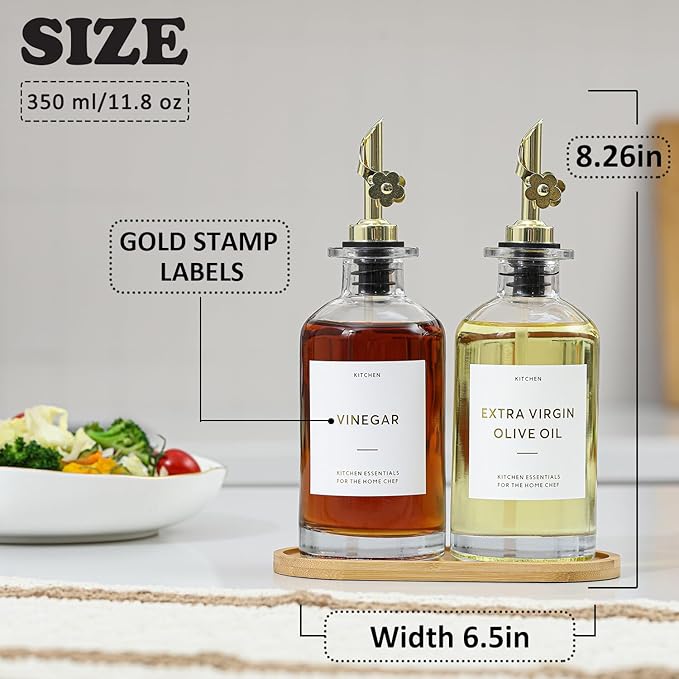 HOMCDALY Olive Oil Dispenser for Kitchen, 11.8oz Glass Dispenser Bottles with Pourer for Kitchen, Oil and Vinegar Dispensers Set, Leakproof Oil Bottle for Cooking| Set of 2 (11.8oz)