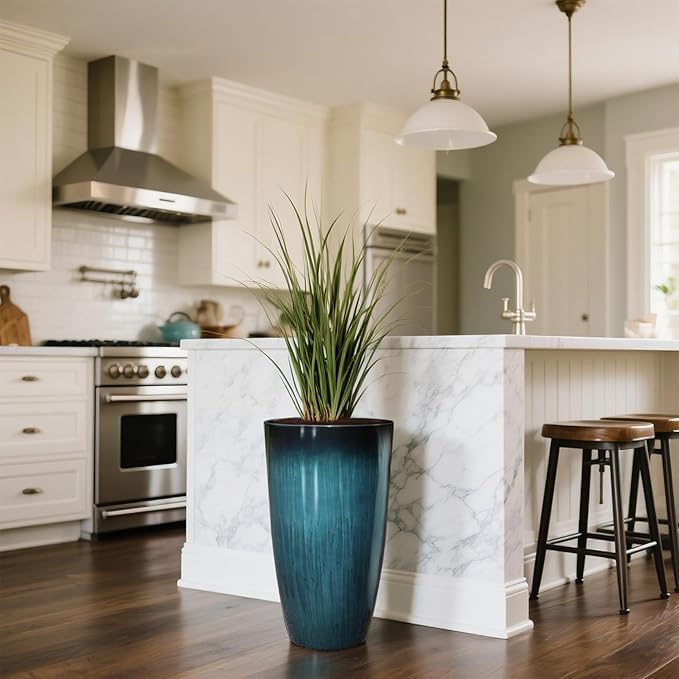 KOL 2-Pack 23.5" Plastic Planters, Gradient Blue Glossy Large Tall Plant Pots, Lightweight Decorative Flower Containers with Drainage Hole & Dual-Purpose Saucer – Indoor & Outdoor Use Front Porch