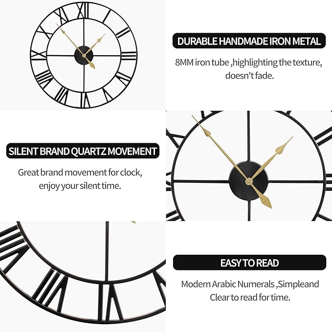 LEIKE 80CM Extra Large Wall Clock - 31" Oversize Modern Black Metal Roman Numeral Nearly Silent Little Ticking Battery Operated Wall Clocks for Living Room, Kitchen,Bedroom Farmhouse Home Decor