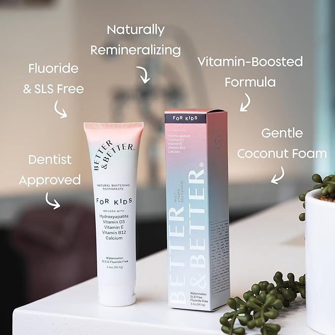 Better & Better Kids Toothpaste | Natural Hydroxyapatite Toothpaste Infused w/Calcium & Vitamins D, E, B12 | Fluoride & SLS Free for Sensitive Brushers | Watermelon Flavor | 3.4oz, 1 Pack