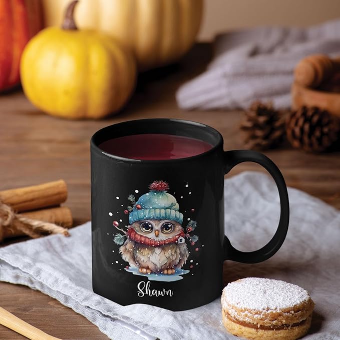 Winter Owl Design Coffee Mug - Custom Christmas Animal Black Cup, Personalized Name Themed 11oz 15oz Ceramic Cup for Owl Lovers, Xmas Decorative Gift