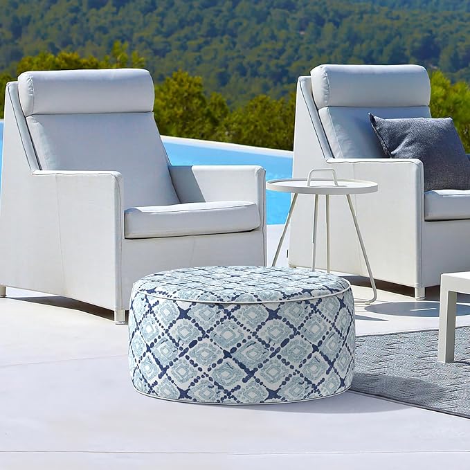 LVTXIII Outdoor Inflatable Ottoman, Fade-Resistant Round Footrest Stool D31”x H14”, Portable Patio Pouf for Garden Camping or Home Use, Boho Geometry Blue