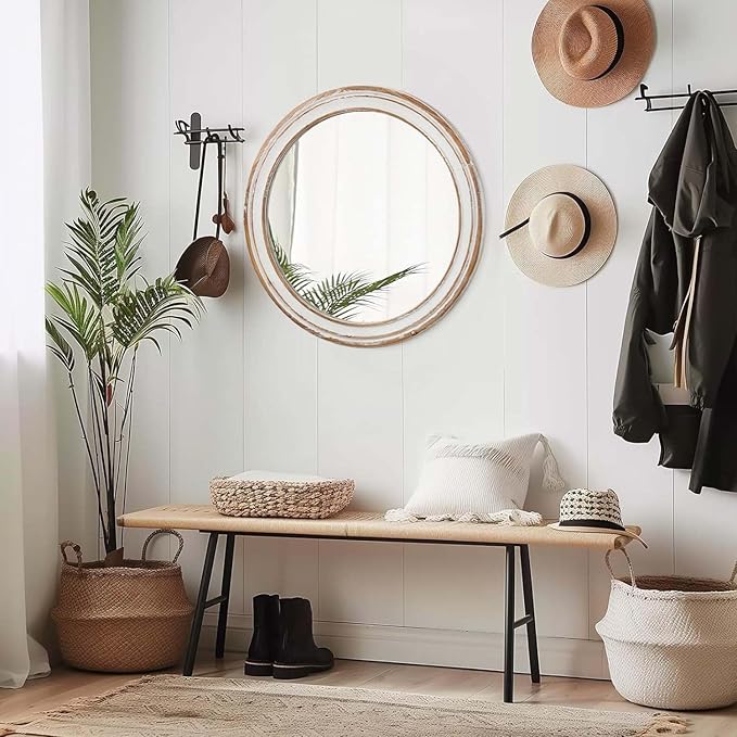 Round Bathroom Mirror for Vanity-Distressed Wood Circle Mirror, Farmhouse Entryway Mirror and Decorative Wall Mirrors for Living Room