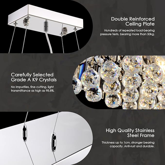 Siljoy Modern Rectangular Crystal Chandeliers 8 Lights Rectangle Raindrop Pendant Ceiling Light Fixture for Kitchen Island Dining Room, Adjustable Height, Polished Chrome Finish, L40 x W10 x H10