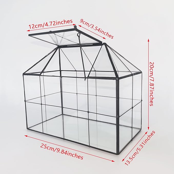 NCYP Glass Terrarium Planter with Lid for Small Succulent Cacti, Grid House Shape Black Geometric Terrarium Pot, Home Garden Indoor Tabletop Decor, 9.84" x 5.31" x 7.87" (No Plants)
