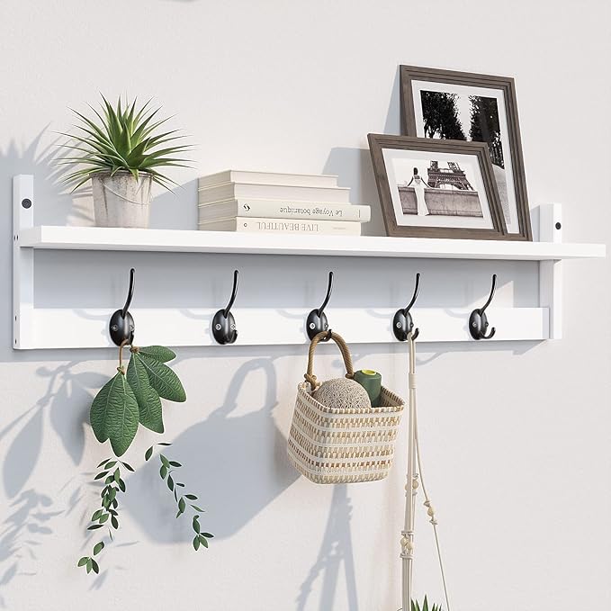 BAMEOS Wall-Mounted Wood Shelf with 5 Dual Hooks for Bathroom, Living Room, Bedroom (White-with Shelf)