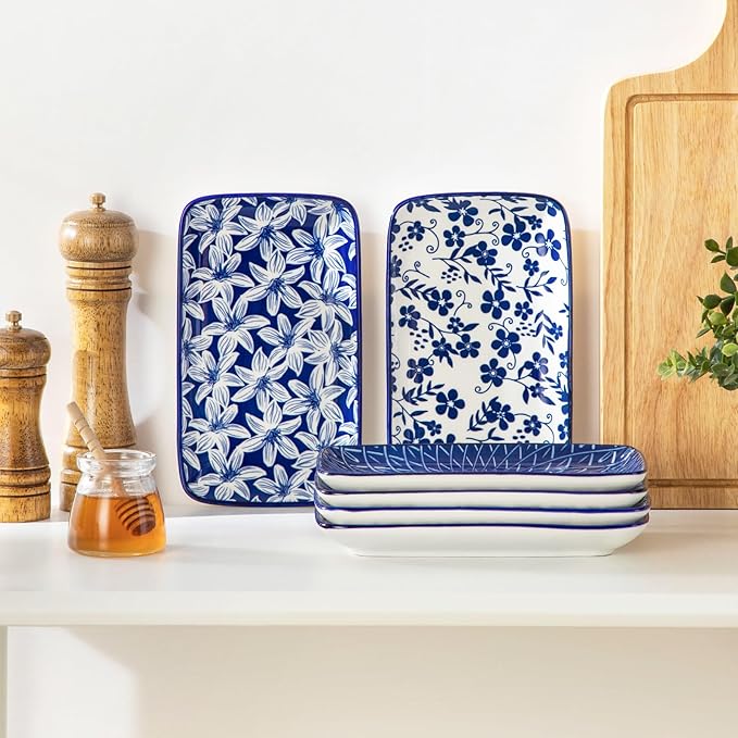 vancasso Selene 8.5 Inch Rectangular Salad Plates Set of 6, Ceramic Salad Plates for Sushi, Dessert, Appetizer, Porcelain Platters for Kitchen Decor, Microwave & Oven Safe, Vintage Blue & White Color