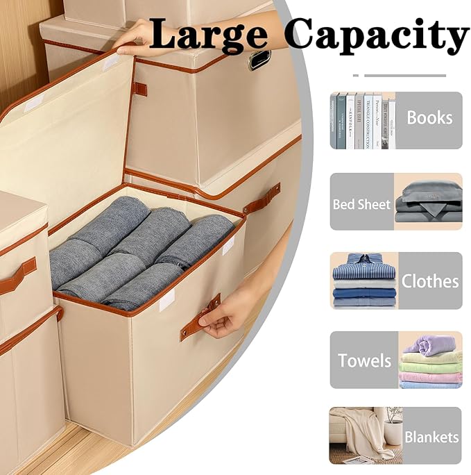 Tuza 4 Pack Large Fabric Storage Bins with Lids, Foldable Storage Boxes with Lids for Organizing, Decorative Storage Boxes with Handles for Home, Bedroom, Closet, Office(Khaki, Large)