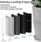 Tall Flower Pot Indoor - Outdoor Plant Pot - Gray Rough Planter - Elegant Stone Imitation - 12" Diameter 21" Tall with Drainage Holes and Saucer
