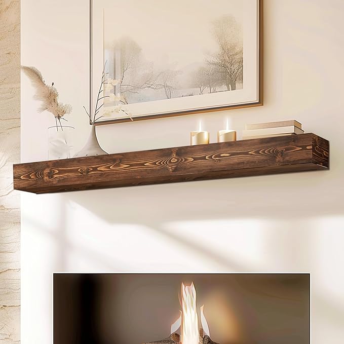 60x8x5 Fireplace Mantel - Handcrafted Hollow Rustic Solid Wood Wall Mounted Floating Shelf with Invisible Heavy Duty Wood Bracket (Weathered Brown)