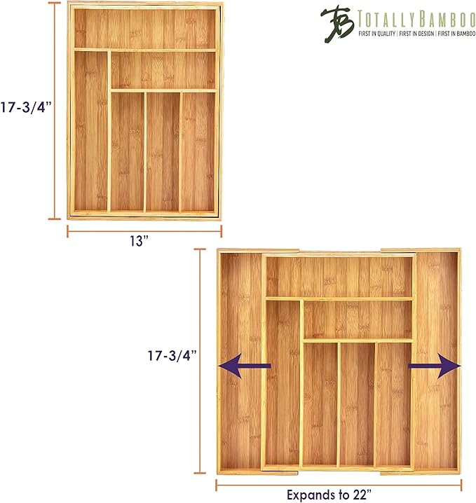 Totally Bamboo Kitchen Drawer Organizer, Expandable Silverware Organizer and Utensil Holder, 8 Compartments with Dividers