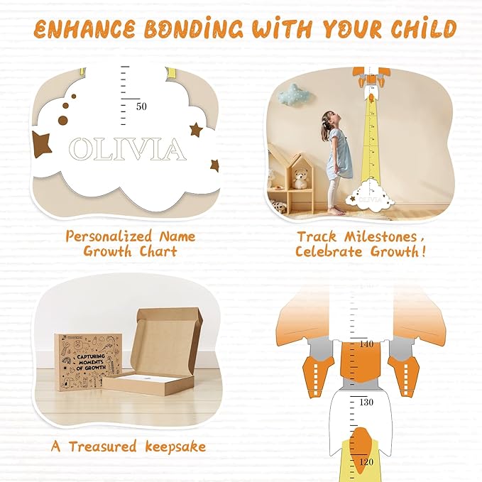 Personalized Name Height Chart for Kids, Cute Rocket Wooden Growth Chart for Kids, Wall Height Chart for Children, Cute Wall Ruler for Kids, Track Height Measurement, Easy to Install