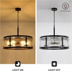23.6" Large Farmhouse Drum Black Chandelier, 6-Light Vintage Round Glass Chandeliers for Dining Room, Industrial Light Fixture for Kitchen Living Room Stairwell, Clear Waterglass Drum Shade