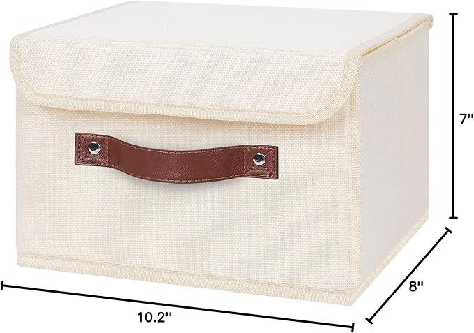 ANMINY 4PCS Storage Bins with Lid PU Leather Handles Storage Boxes PP Plastic Board Decorative Foldable Lidded Cotton Linen Fabric Home Cubes Baskets Closet Organizer Containers - Beige, Small Size