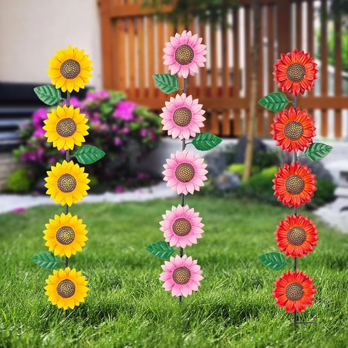3 Pack Sunflowers Garden Stakes Decor,Metal Yard Art Decorative Garden Stakes,Metal Flowers Spring Garden Decor for Outside,Landscape,Patio(22.6 * 4.7IN)