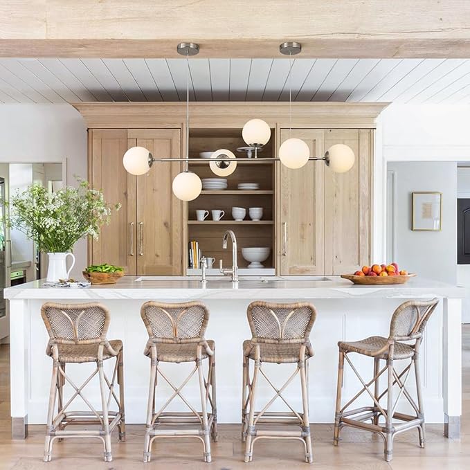 KCO Modern Silver Milk Glass Pendant Light 6 Light Pendant Light Fixture Chandelier Brushed Nickel Chandelier Modern Hanging Linear Light Fixture for Dining Room Kitchen Island
