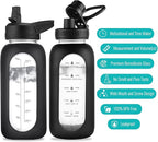 32 oz Glass Water Bottle with Straw and Handle, Sports Motivational Water Flask with Silicone Sleeve, Large Leakproof Water Flask Cup with Time Marker for Travel, Gym, Sage