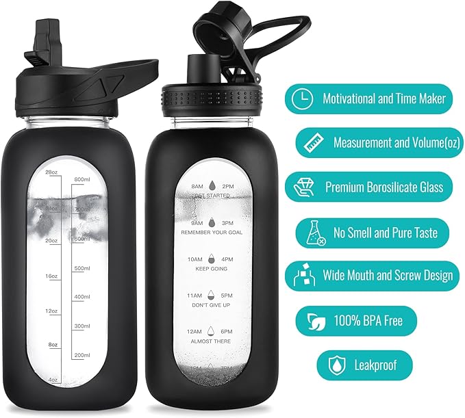 32 oz Glass Water Bottle with Straw and Handle, Sports Motivational Water Flask with Silicone Sleeve, Large Leakproof Water Flask Cup with Time Marker for Travel, Gym, Black