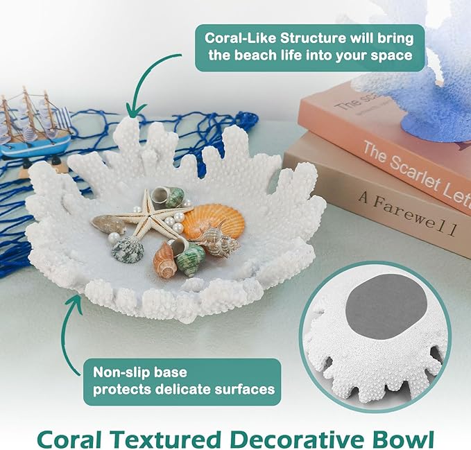 Accessoryway White Coral Textured Decorative Bowl,9.45" Medium Resin Decorative Centerpiece Bowl for Coastal Beach theme house table centerpiece decorations & Nautical decorations for coffee table