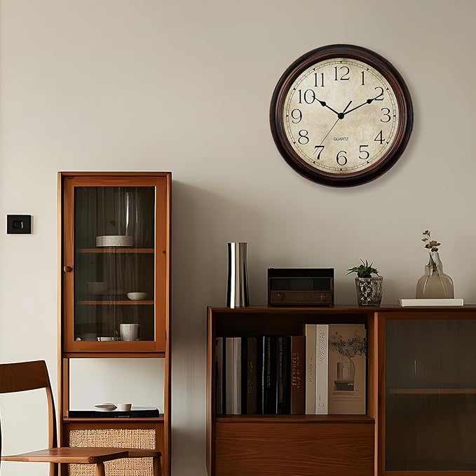 14 Inch Wall Clocks Battery Operated Silent Non-Ticking Analog Wall Clock Vintage Retro Rustic Style Decorative for Living Room Kitchen Home Office(Bronze)