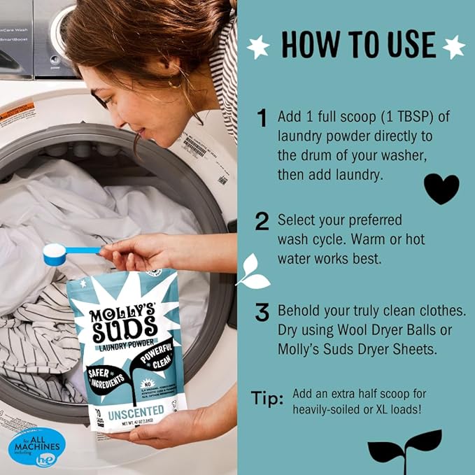Molly's Suds Original Laundry Detergent Powder | Clean Laundry Detergent Powder for Sensitive Skin | Simple, Effective Ingredients, Stain Fighting | 120 Loads (Unscented)