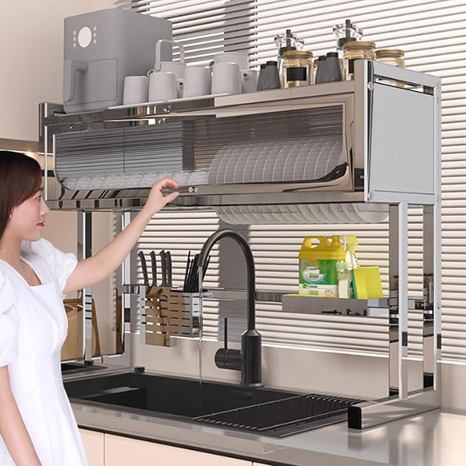 Home Furnishing Dish Rack Over Sink Stainless Steel Over The Sink Dish Drainer Drying Rack Space Kitchen Sink Rack Multifunctional countertop Dish Storage Rack Sink(Metallic,65cm/25.6in)