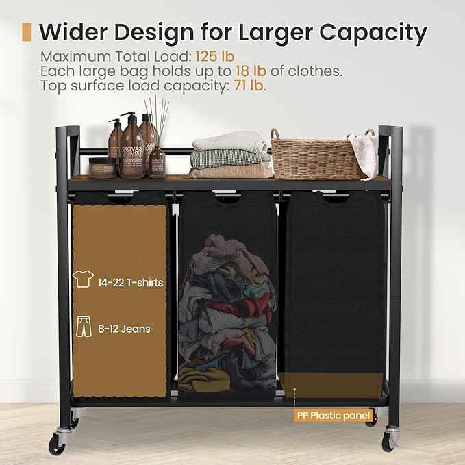 Laundry Hamper, Laundry Basket, Laundry Sorter with 3 Removable Bags, Clothes Basket with 3 Compartments, Wheels, Shelf for Laundry Room Bathroom Bedroom (3 Bags-Black)
