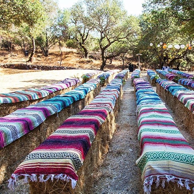 Del Mex Classic Mexican Blanket, Large Authentic Woven Falsa Throw (70"x50"), Artisan Southwest Décor for Beach, Yoga, Outdoors (Mint/Tan/Pink)