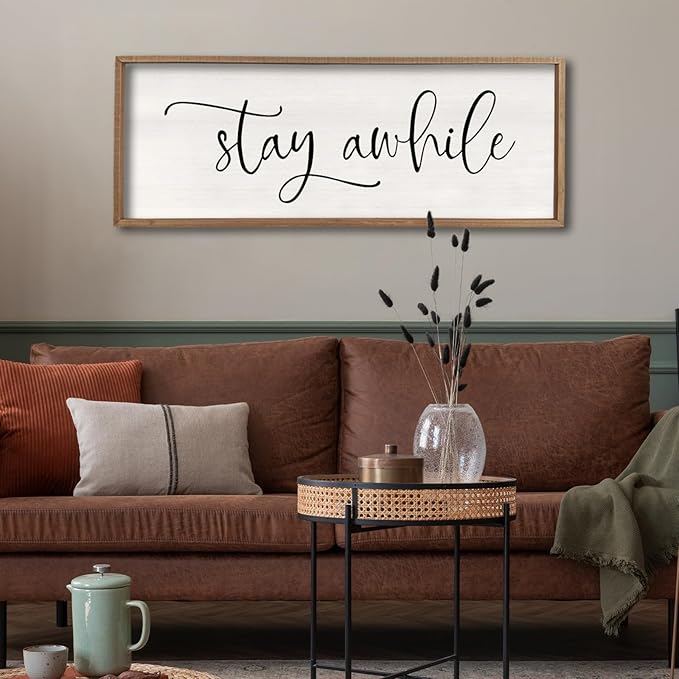 Stay Awhile Sign Wall Decor 32"X12" Large Living Room Entryway Wood Framed Rustic Wall Decor for Vintage Farmhouse Foyer Hanging Lets Stay Home Wall Art (Wood)