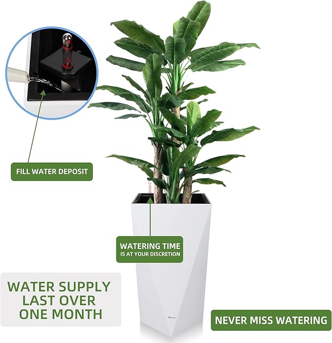 Dexceder 20 Inches Tall Self Watering Planter Diamond High Gloss Indoor Outdoor, Thickened Rhombus Large Floor Standing Flower Plant Pot with Water Level Indicator (White)