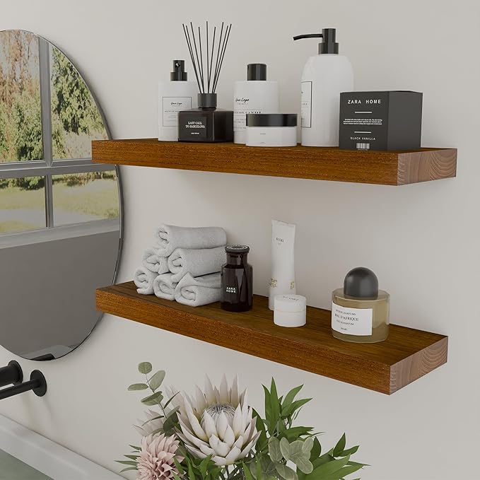 IAE Walnut Floating Wall Shelves 24 inch, Bathroom Shelves Wall Mounted,Invisible Shelves Floating Kitchen Shelves,Wooden Wall Shelves with Brackets for Living Room Wall Mounted,Easy Install,Set of 2
