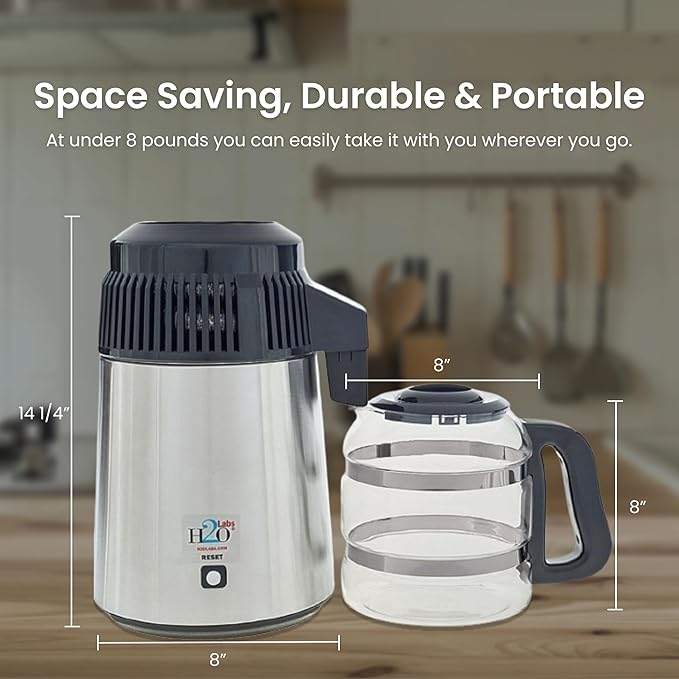 H2o Labs Best-in-Class Countertop Water Distiller - Stainless Steel Home Water Distiller with 1 Gallon Glass Carafe - Porcelain Nozzle Insert & Optimal Heating Element for Pure Distilled Water - 300SS