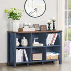6 Cube Bookcase, Farmhouse Wood Low Storage Organizer Book Shelf, 47" Horizontal Navy Blue Console Bookshelf with Legs, Hallway Book Case for Entryway, Display Cabinet for Living Room, Office