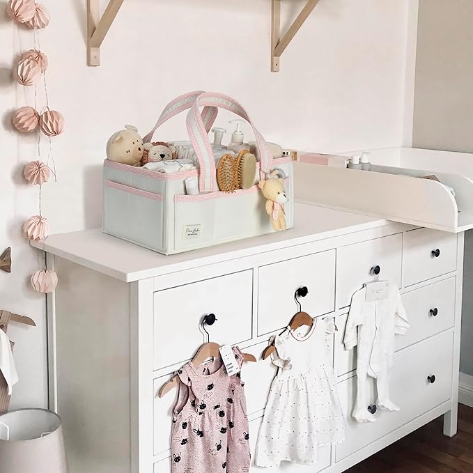 PeraBella XL Diaper Caddy Organizer With Handle, Baby Shower Gifts Basket Bag, Registry Search Must Haves Items, Newborn Girl Boy Nursery Storage Organizer, Baby Bag Essentials, Car Diaper Caddy Cart