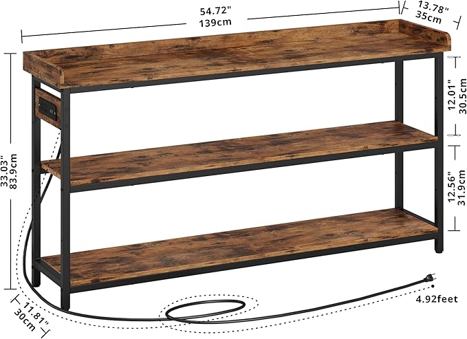 IRONCK Console Table, Sofa Table with Power Outlet, Farmhouse Hallway Table for Entryway, Living Room, Height Adjustable, Easy Assembly, Rustic Brown,55"