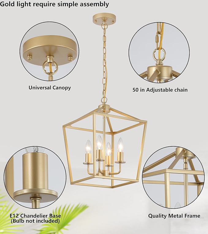 Industrial 4 Lights Chandelier, Gold Lantern Ceiling Light Fixtures with Rustic Metal Cage Adjustable Height Farmhouse Geometric Hanging Light for Kitchen Island, Dining Room, Entryway, UL Listed