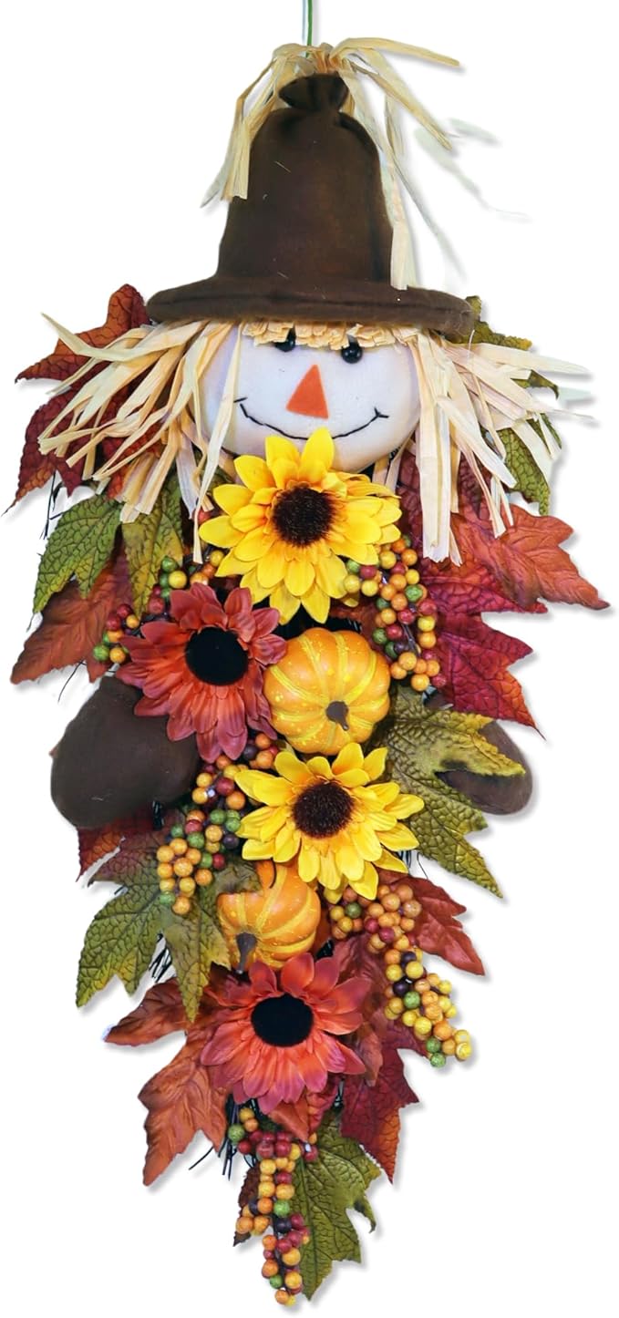 24" Rustic Fall Scarecrow Teardrop Swag – Farmhouse Sunflower & Pumpkin Wreath – Autumn Harvest Hanging Decor for Front Door, Wall, Porch, Indoor/Outdoor