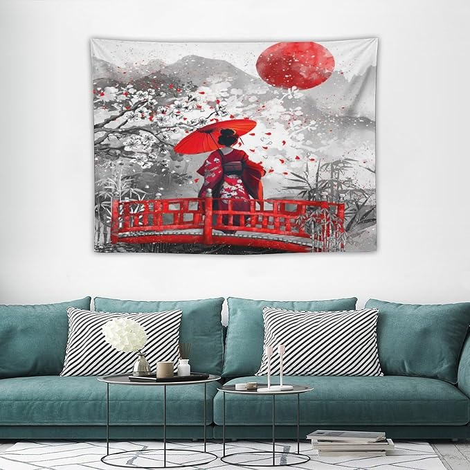 Japanese Red Geisha Tapestry Asian Cherry Blossom Red Sun Traditional Kimono Folk Tapestries Home Decor for Living Room Bedroom Apartment Farmhouse Dorm 40"x30"