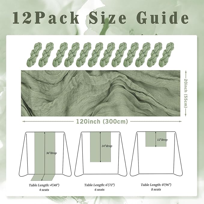 12 Pack Sage Green Cheesecloth Table Runner 10FT Rustic Gauze Fabric Cheese Cloth Table Runner for Wedding Bridal Baby Shower Table Decor 20 x 120 Inch Long Boho Sheer Birthday Party Table Decorations