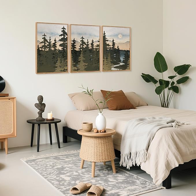 HPNIUB Vintage Mountain Framed Canvas Wall Art Set, Boho Sunrise Art Prints, Forest Nature Wilderness Art Paintings, Abstract Farmhouse Pine Tree Wall Decor for Living Room Bedroom, Office- 16"x24"x3