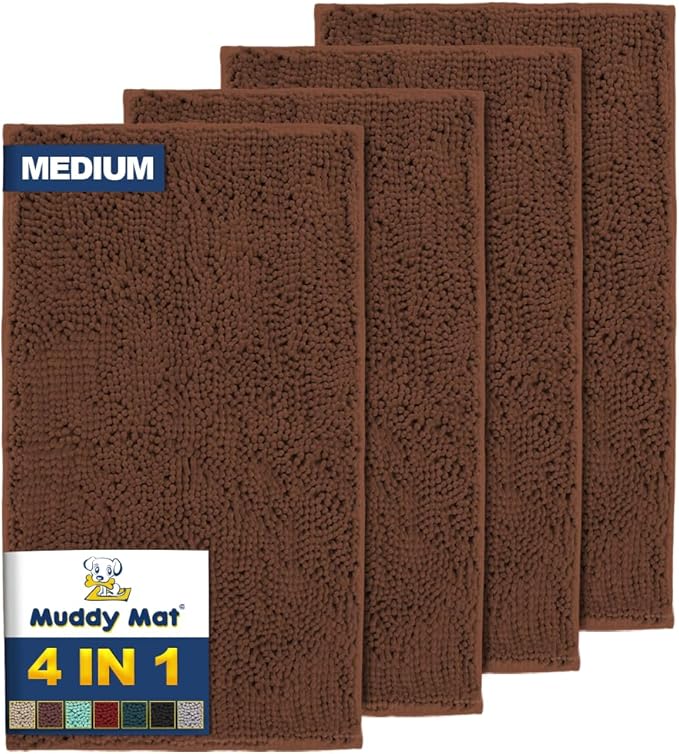 Muddy Mat® 4-Piece Brown Medium 30"X19" AS-SEEN-ON-TV Highly Absorbent Microfiber Door Mat, Bath Mat and Pet Rug, Non Slip Thick Washable Soft Chenille for Kitchen Bathroom Bedroom Indoor and Outdoor
